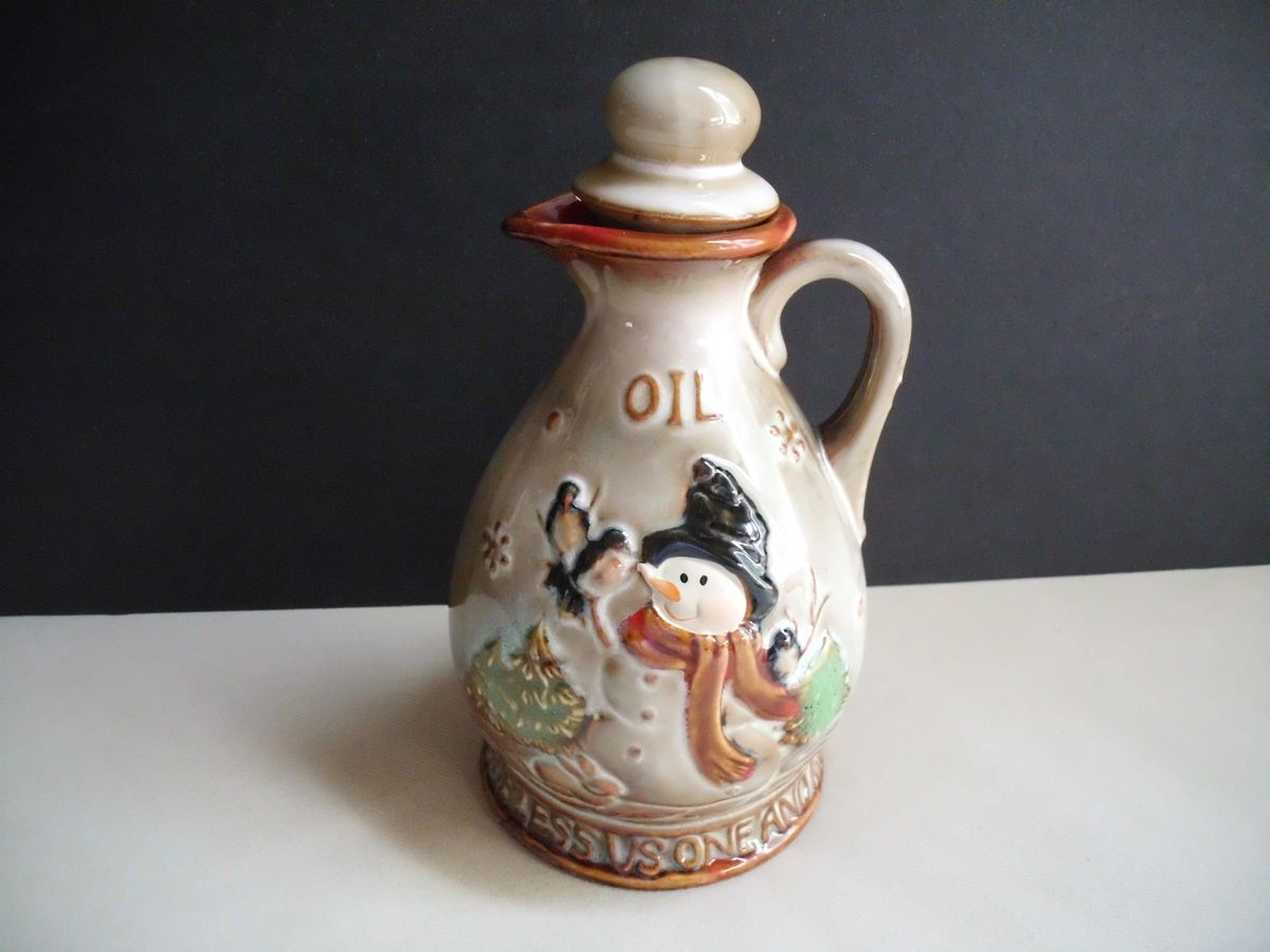 Stoneware Christmas SNOWMAN Oil CRUET Bless Us One All PITCHER Vinegar