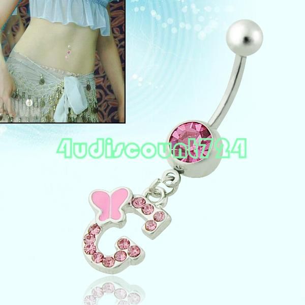  INITIAL LETTER DANGLING PENDANT BARBELL NAVEL BUTTON BELLY RING BAR