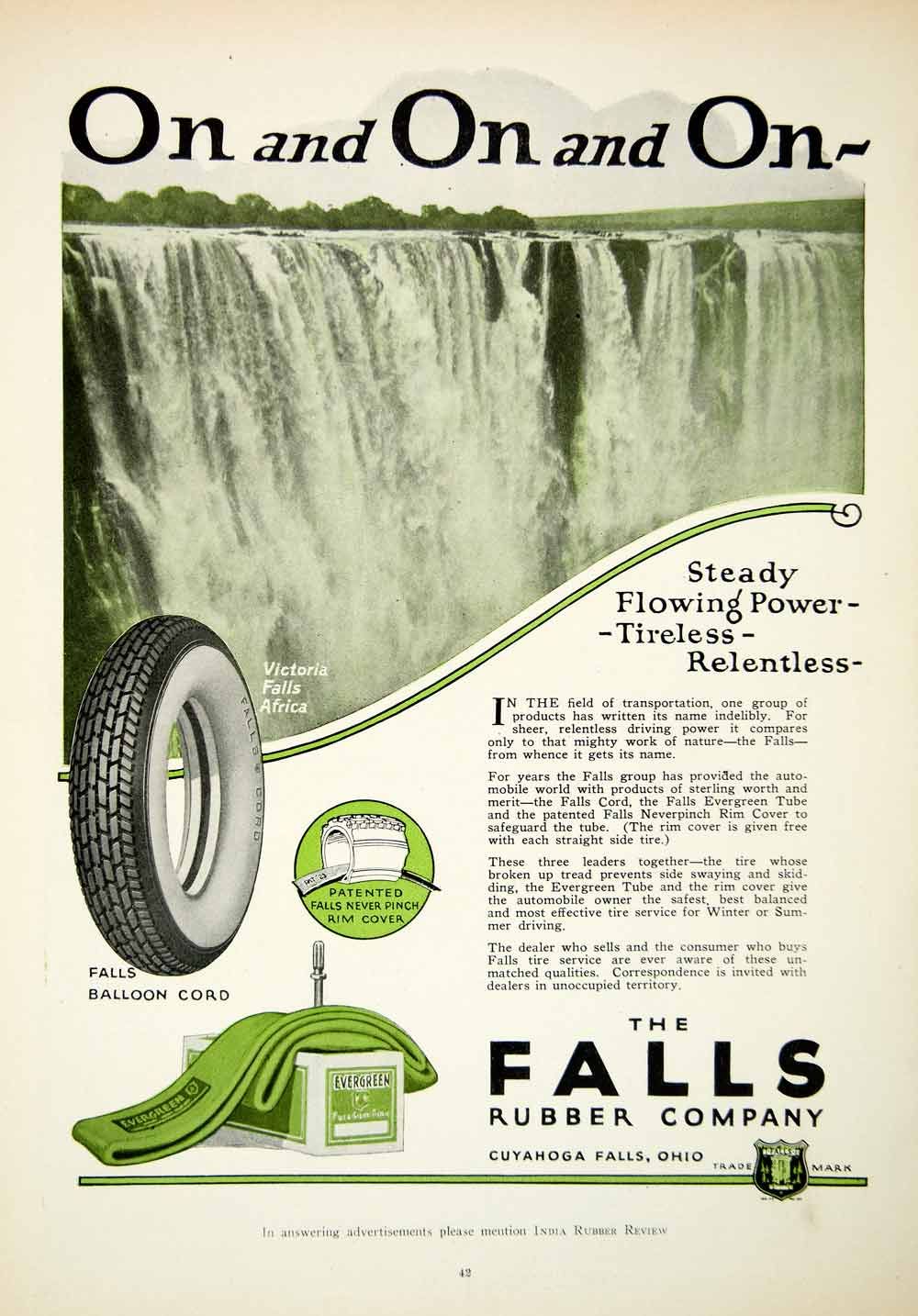 1925 Advert Falls Rubber Company Cuyahoga Evergreen Tire Balloon Cord