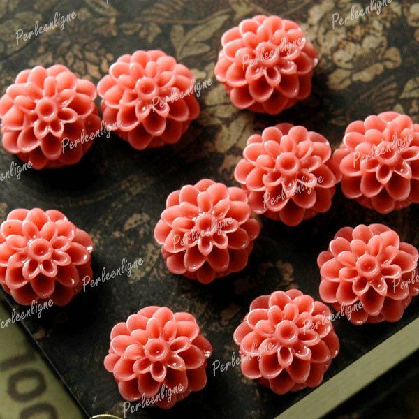 10 Pcs 13X13MMCABOCHONS Dahlia Flower Flatback Vintage Resin Pink