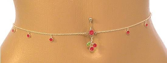 Cherry Navel Ring with Dangling Red Drops Belly Chain