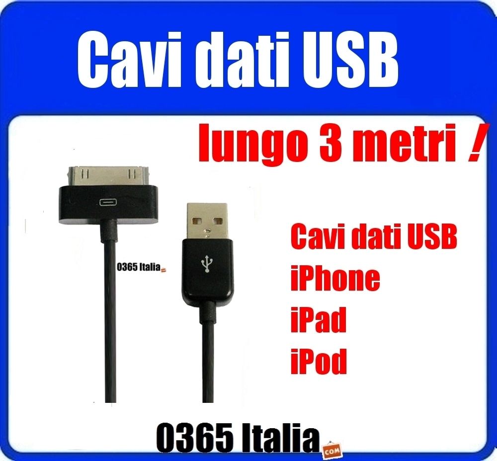 Speciale Cavo Dati USB Nero Lungo 3 Metri per iPhone 4