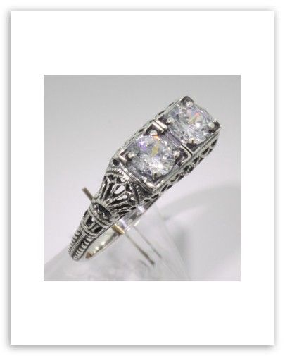 Unique 2 Stone CZ Filigree Ring Sterling Silver Size 6