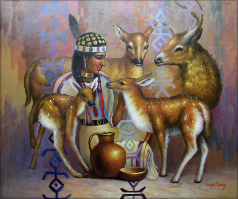 High Q Hand Painted Oil Painting Young Lady and Deer 24X20