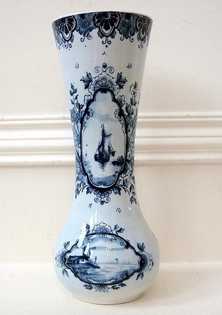 Delft 12 1 2 Tall Scenic Vase Sailboat Landscape w Windmill