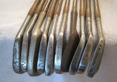 Collection of Wooden Hickory Shafted Golf Irons 10 clubs Total