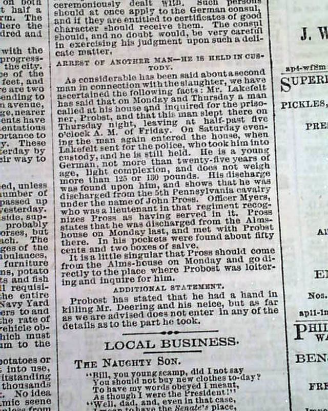 Dearing Family Murders Anton Probst Old 1866 Newspaper