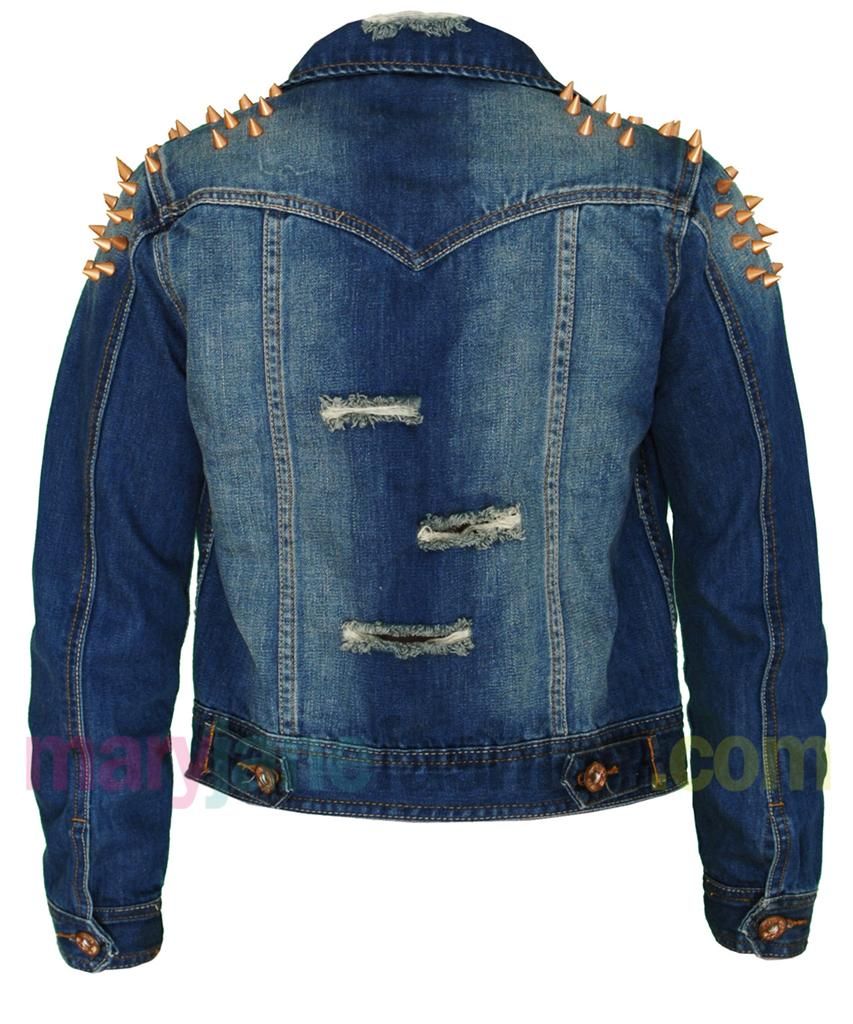 Womens Distressed / Cropped Bronze Stud Shoulder Denim Jacket