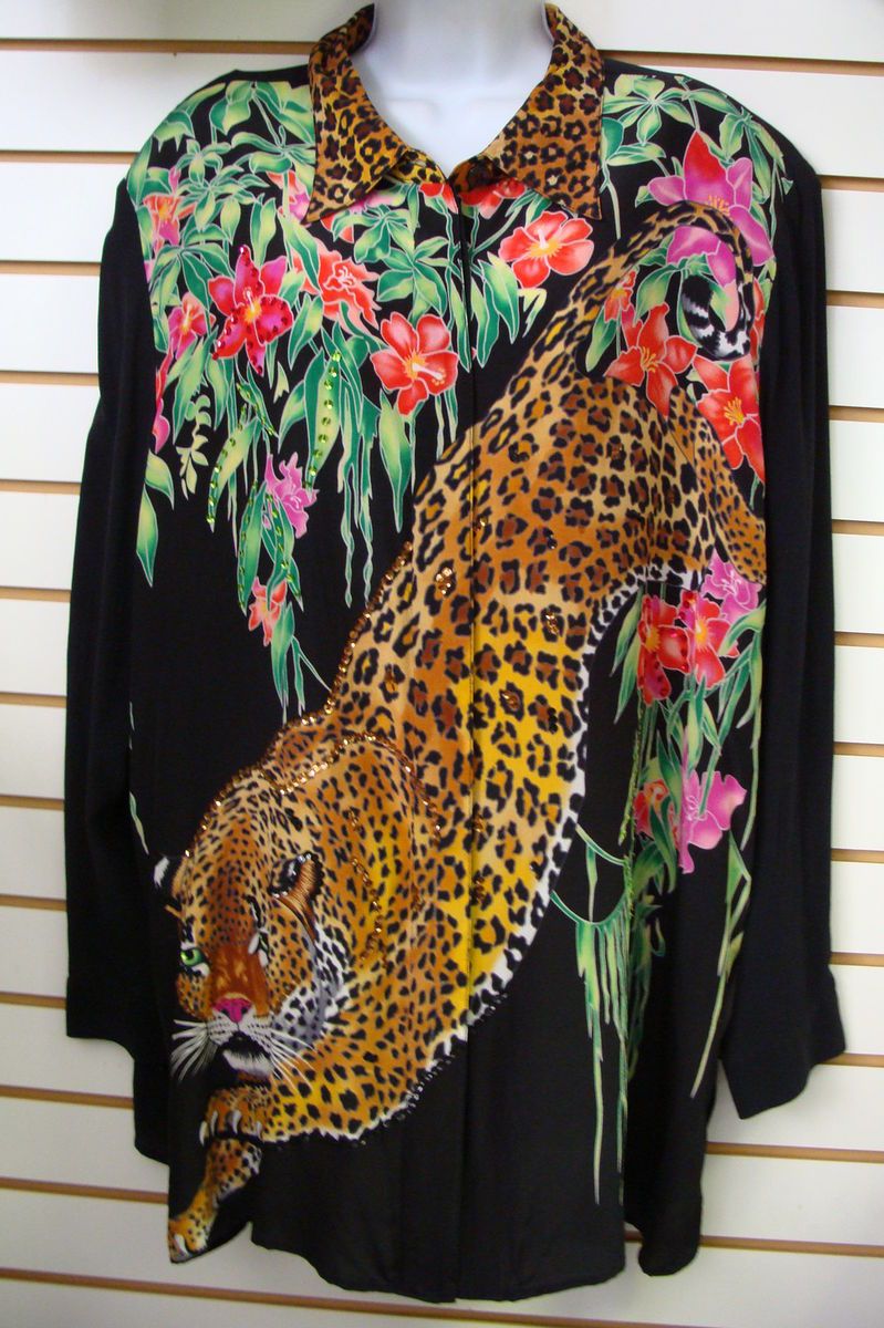 DIANE GILMAN Black Leopard w/ Sequnece & Flowers SILK SHIRT Plus Sz 3X