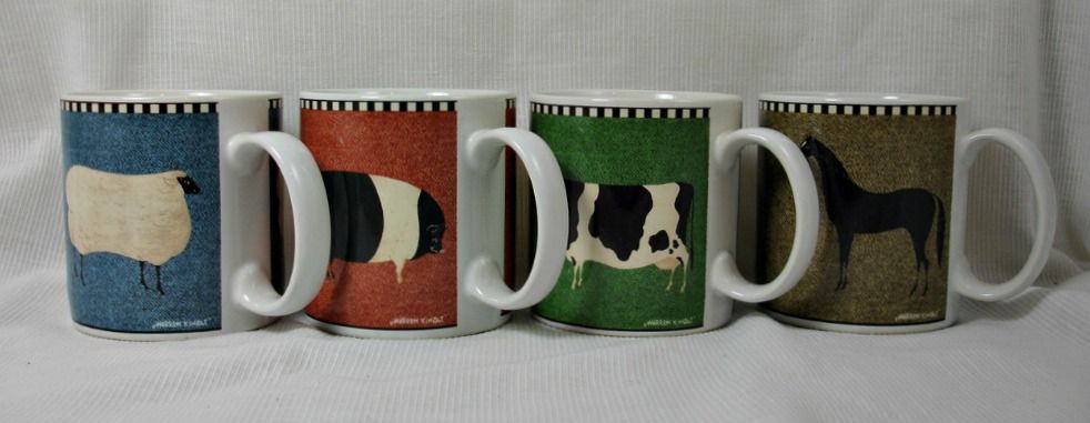 New Set of 4 by Warren Kimble Barnyard Animals Mugs by Branson House