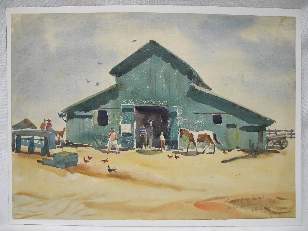 Original Signed Phil Dike Watercolor Painting Barn Scene
