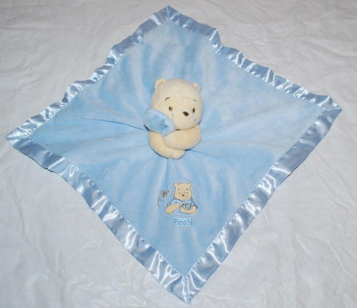 Disney Baby Winnie the Pooh Blue Plush Satin Lovey Security Blanket