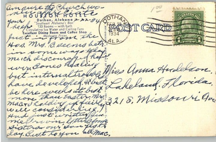 Linen Postcard Houston Hotel in Dothan Alabama Al