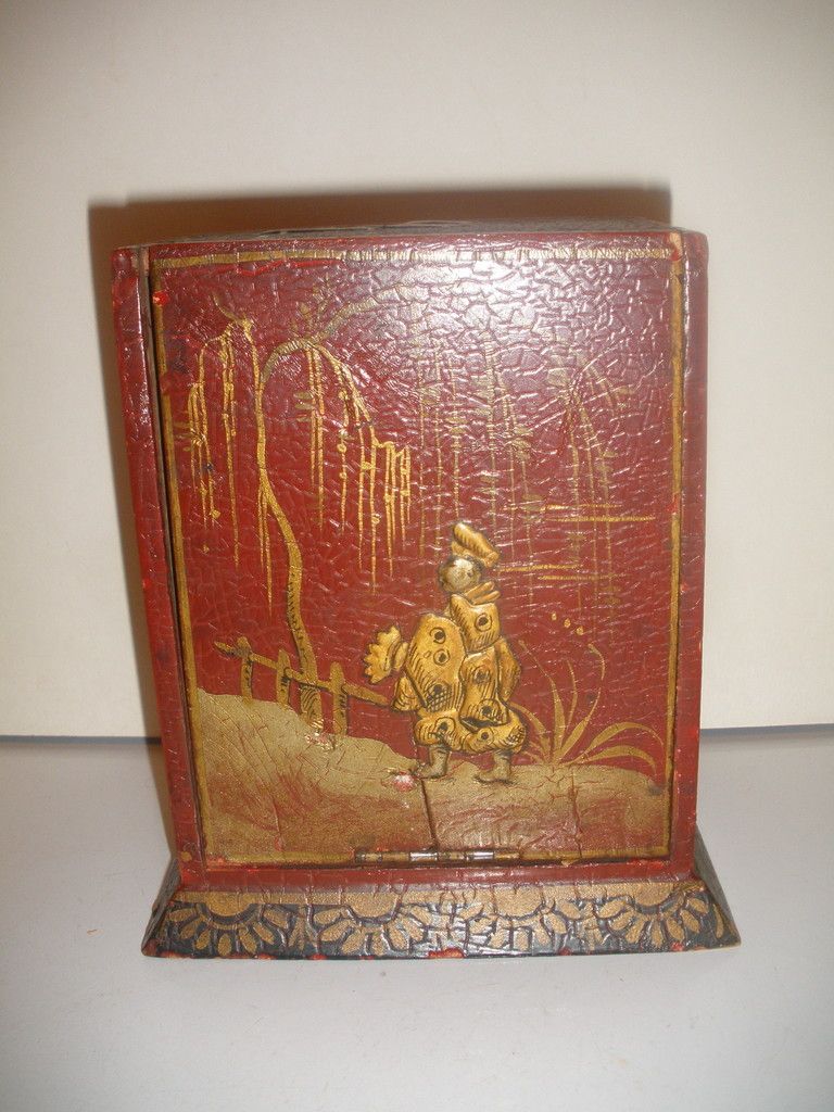 Antique Wood Cigarette Dispenser Wood Box Chinese Scene