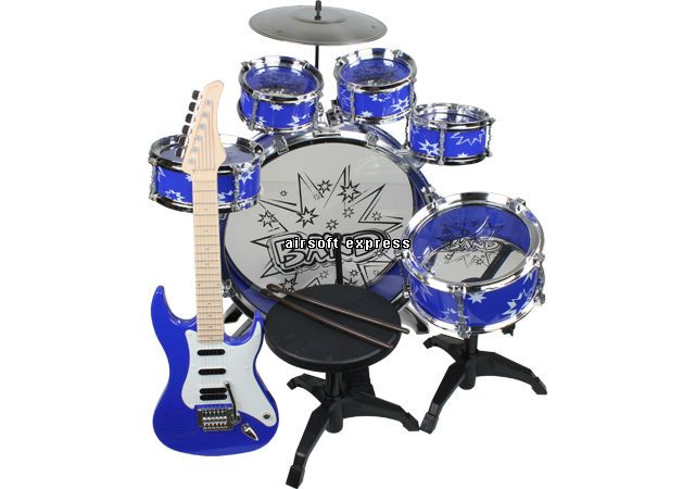 Kids Children 11 Piece Drum Set & Electric Guitar   Blue Color