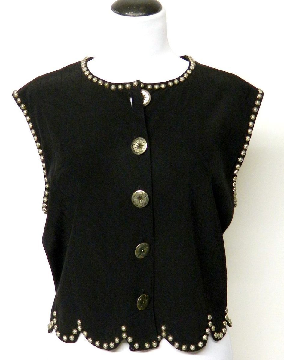 DOUBLE D RANCHWEAR Size L Black VEST Ranch Wear SILVER STUDS Rayon