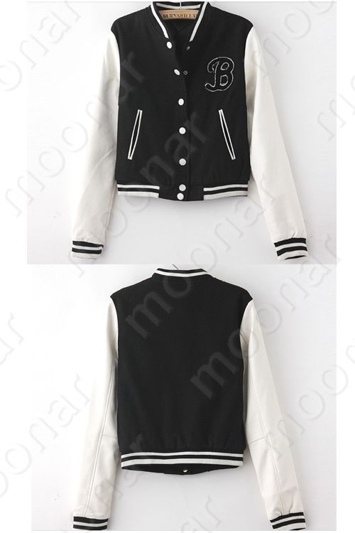 Plain Black White Women Girls B Baseball College Varsity Jacket Coat s