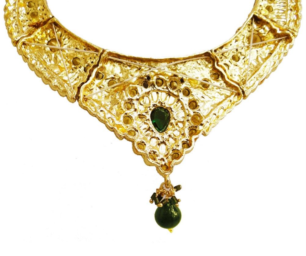 Indian Wedding Gold Tone Necklace Earring Tikka Set Green Stone