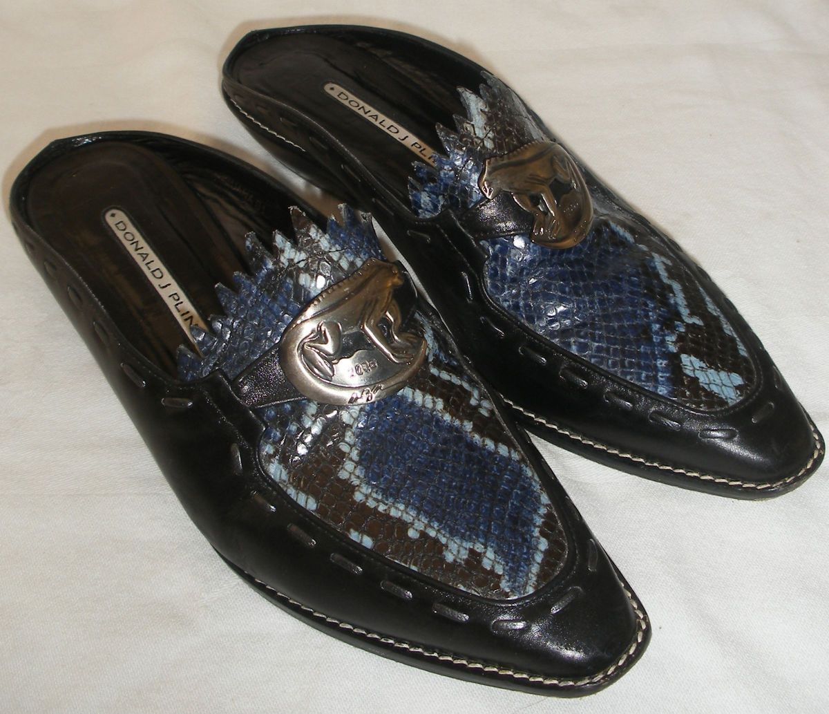 Womens Size 7 M Donald J Pliner Iguana Western Mules Black Blue Slides