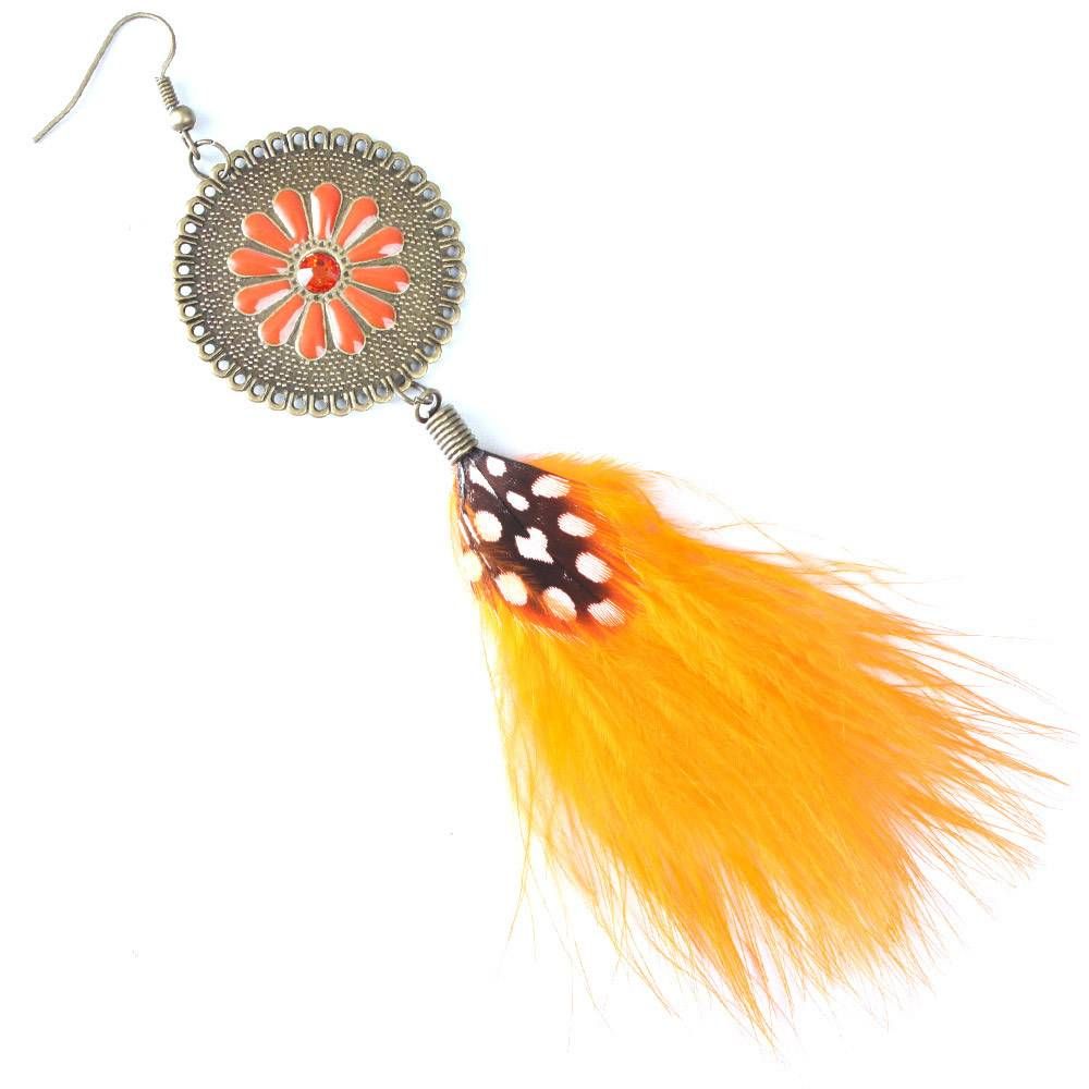 Orange Spotted Quail Feather Daisy Gem Dangle Earring