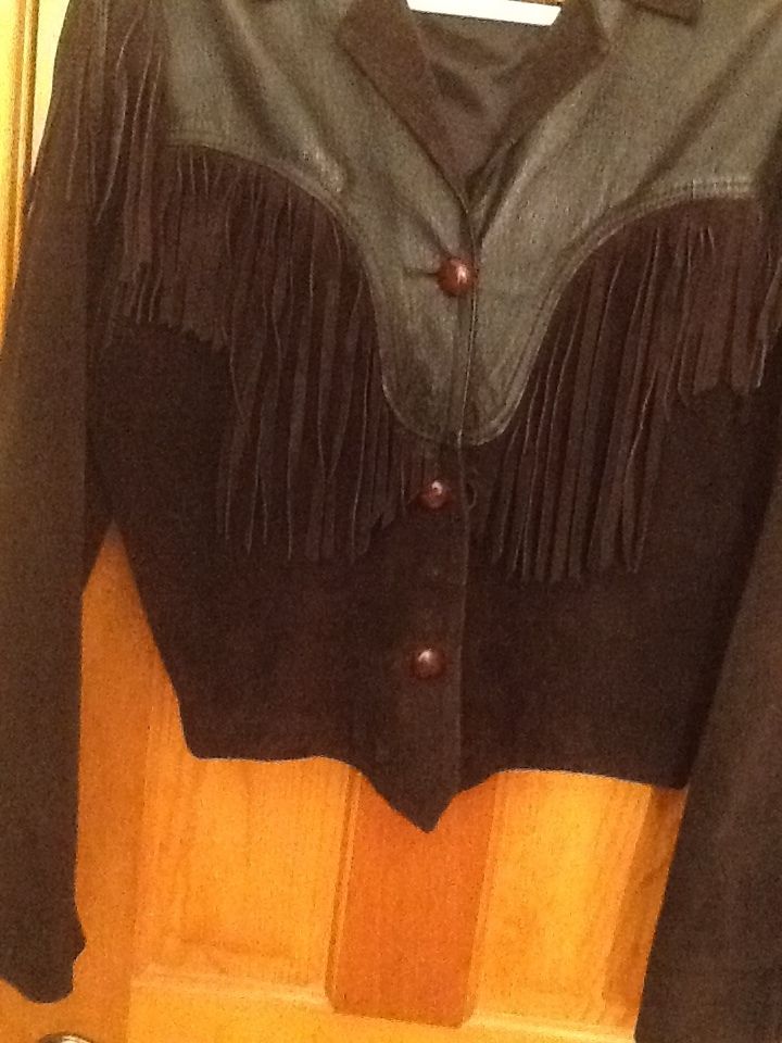 Ladies Black Fringed Leather Jacket Size L