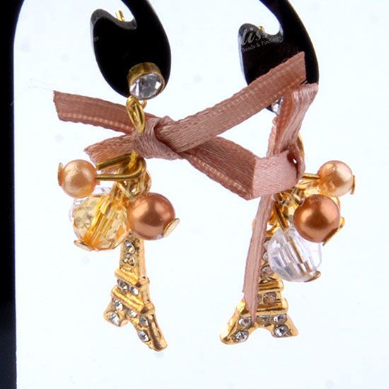 Pair Golden Plate Crystal Resin Eiffel Tower Bow Dangle Ear Stud