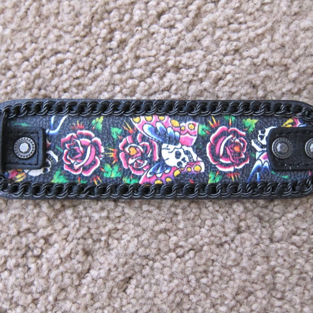 Ed Hardy Black Rose Wristband Genuine Leather Bracelet Jewelry