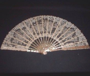 Superb Antique Brussels Lace Point de Gaze Fan Eventail