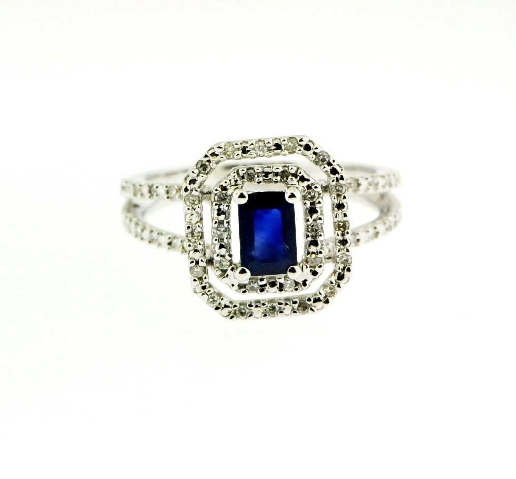  diamonds emerald cut Blue Sapphire 14k White gold Diamond Ring