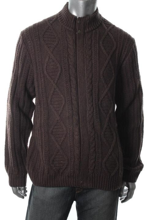 Tasso Elba New Brown Wool Full Zip Cable Knit Funnel Neck Cardigan