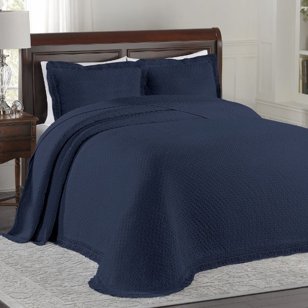 Elegant Navy Blue All Over Diamond Design w Fringe Hem Bedspread King