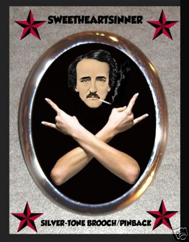 Edgar Allan Poe Beatnik Smoker Silvertone Brooch Pin