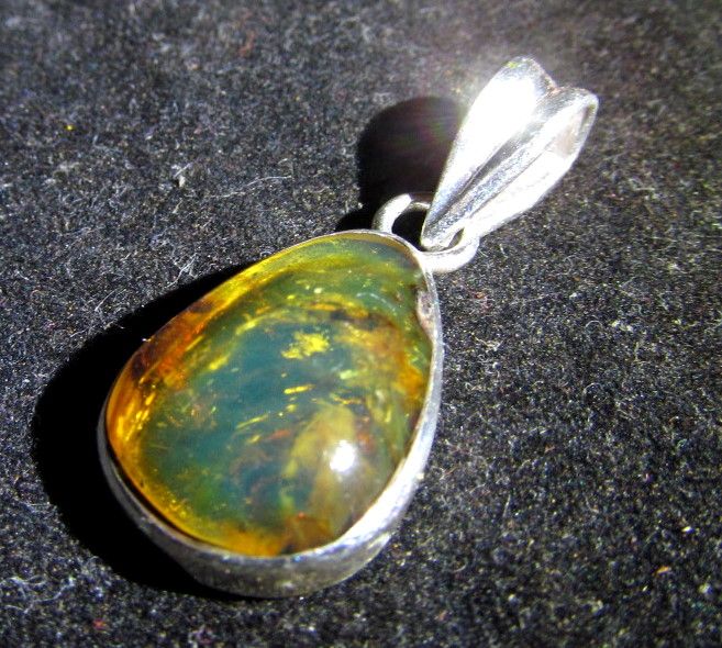 Dominican Crystal Clear Blue ish Green Amber Sterling Silver Pendant