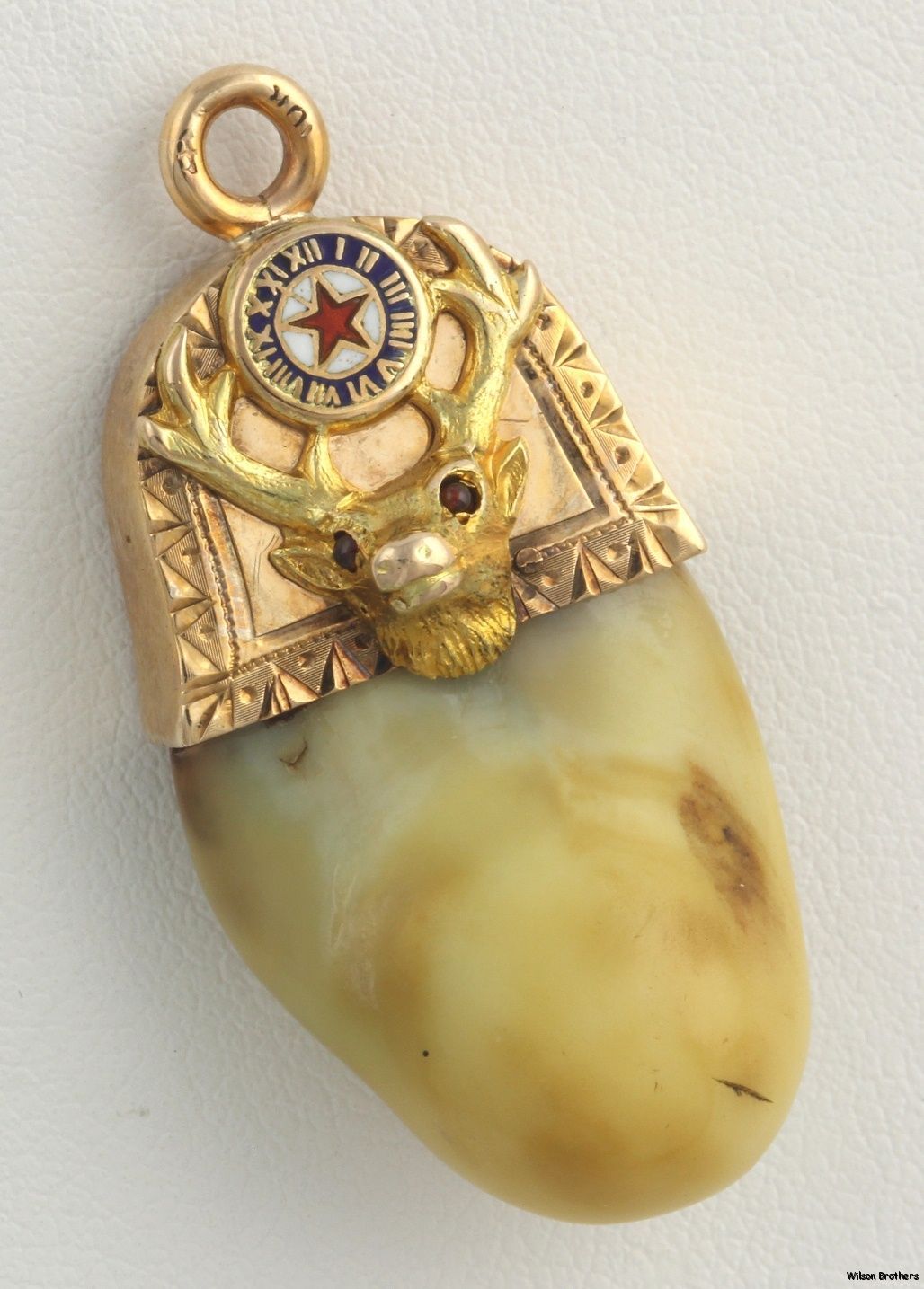 Faux Pboe Elk Tooth Fob 10K Solid Yellow Gold Vintage Enamel Polished