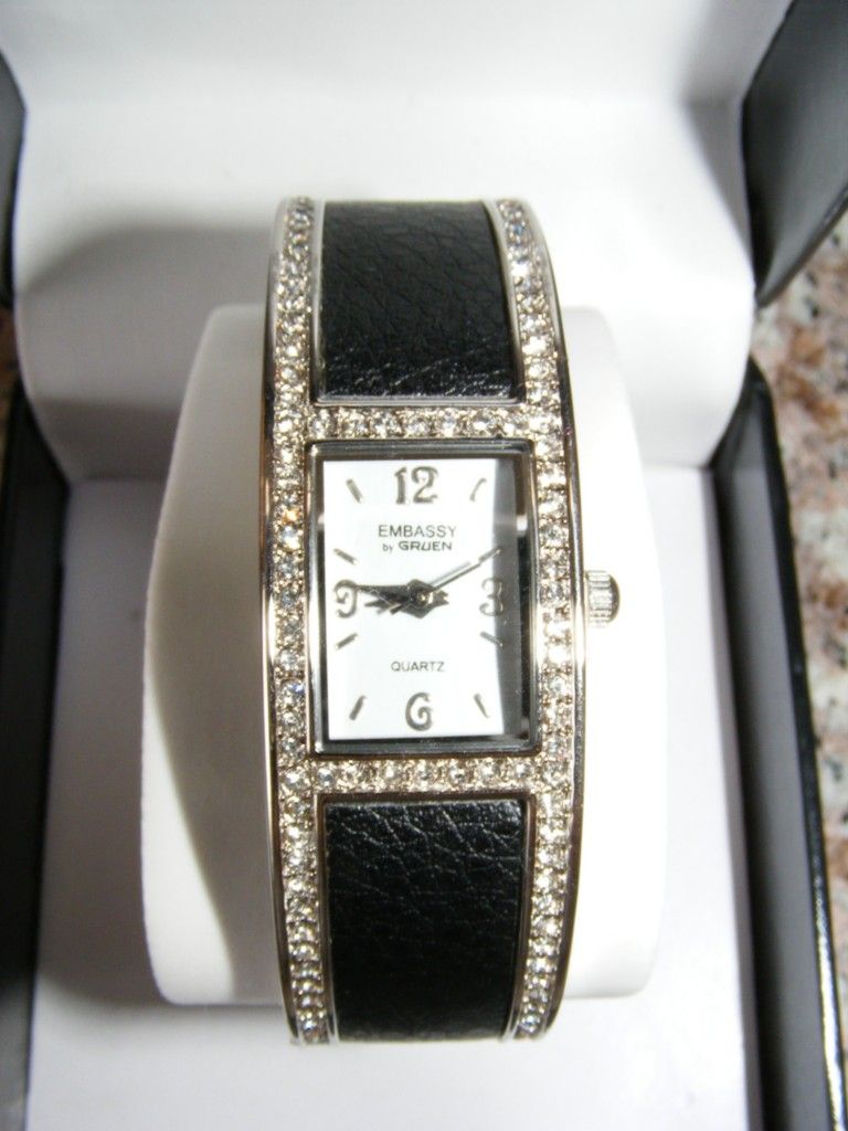 New Embassy by Gruen Silver Black Rhinestone Cuff Watch