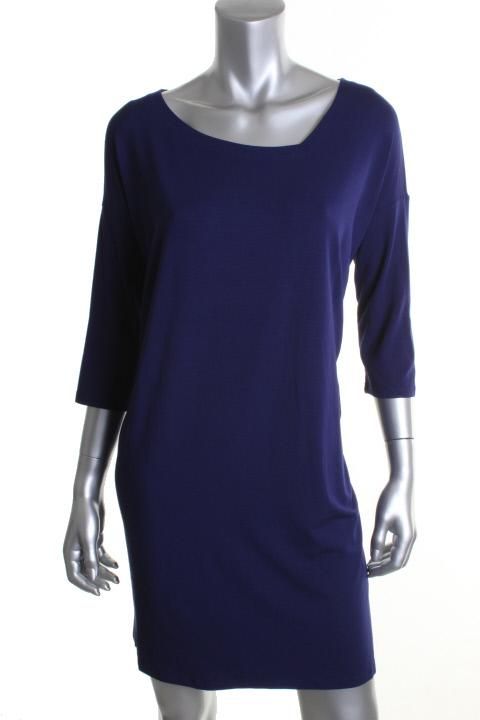 Eileen Fisher New Navy Asymmetric V Neck Knee Length Sweaterdress