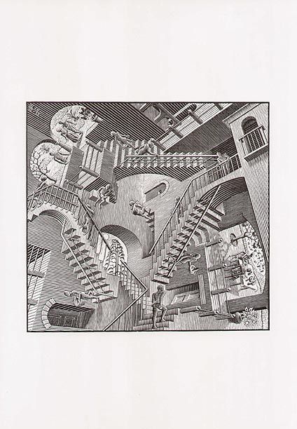 Escher Print Figures on Impossible Stairway Relativity