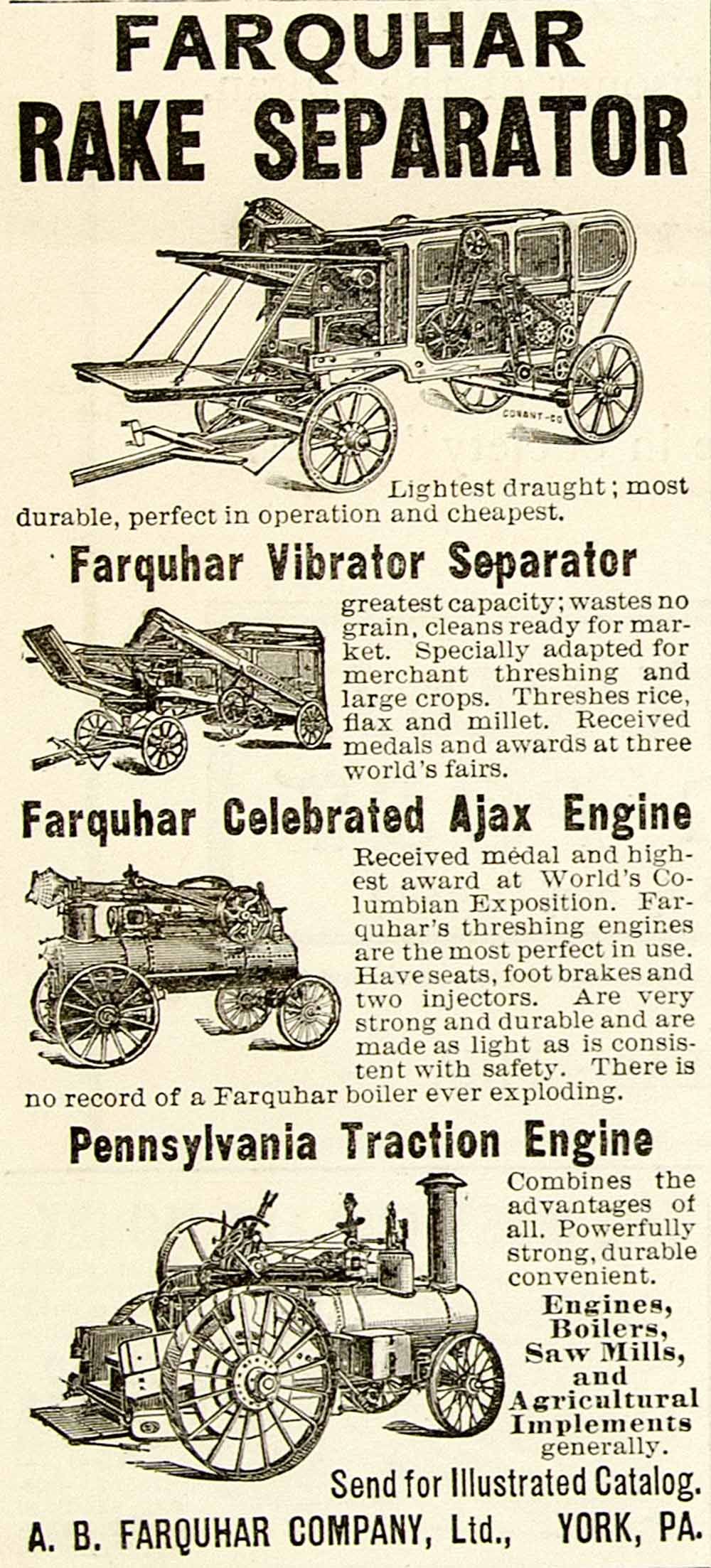 1899 Ad Farquhar Rake Separator Ajax Traction Vibrator Farming