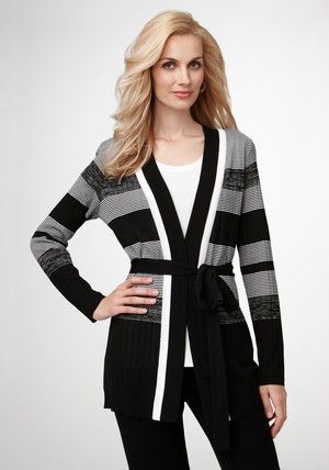 Exclusively Misook Classy Belted Striped Black white Cardigan Jacket