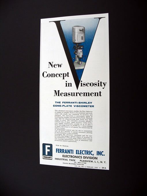 Ferranti Shirley Cone Plate Viscometer 1962 Print Ad