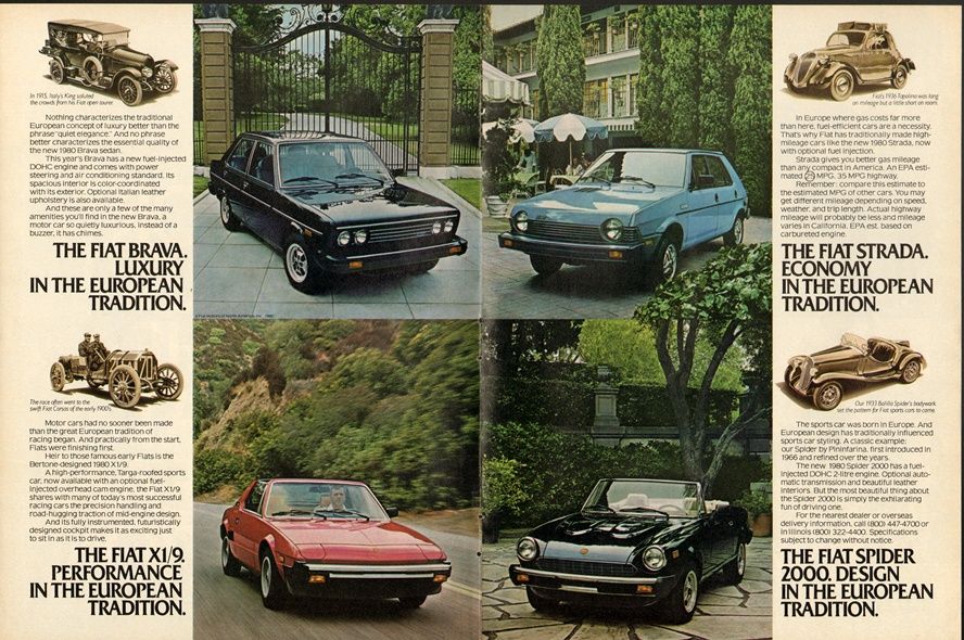 1980 print ad fiat spider x1 9 brava strada 2 page vintage advertising