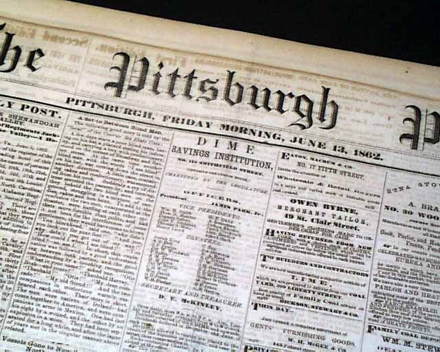 Dewrys Bluff VA 1862 Pittsburgh PA Civil War Newspaper