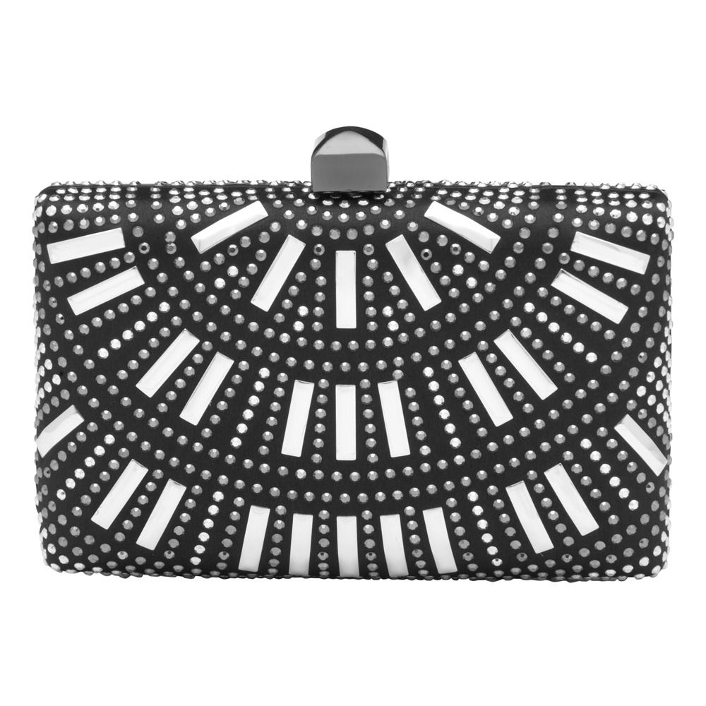 Olga Berg Hot Fix Black Silver Metallic Minaudiere Clutch Evening