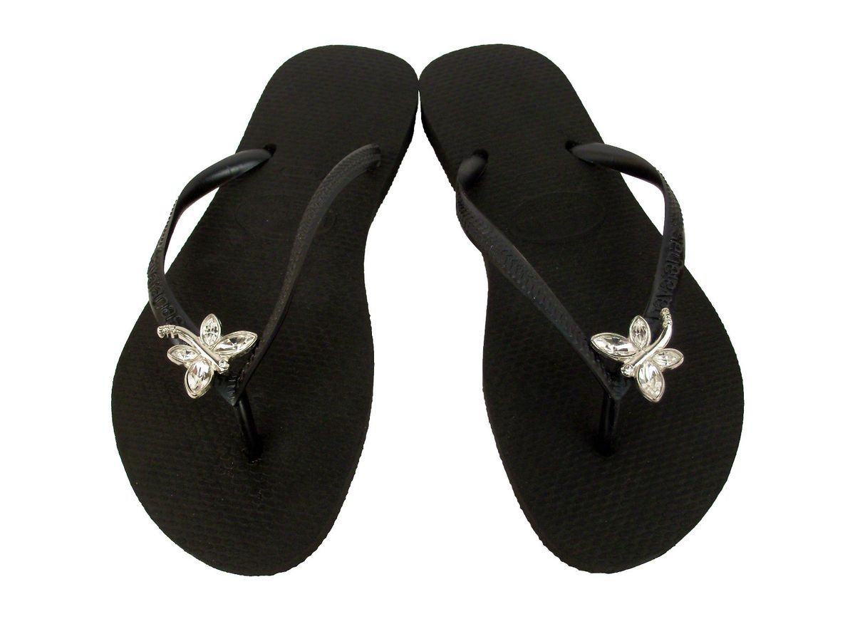 Havaianas Slim Black Crystal Dragonfly Flip Flops NWT