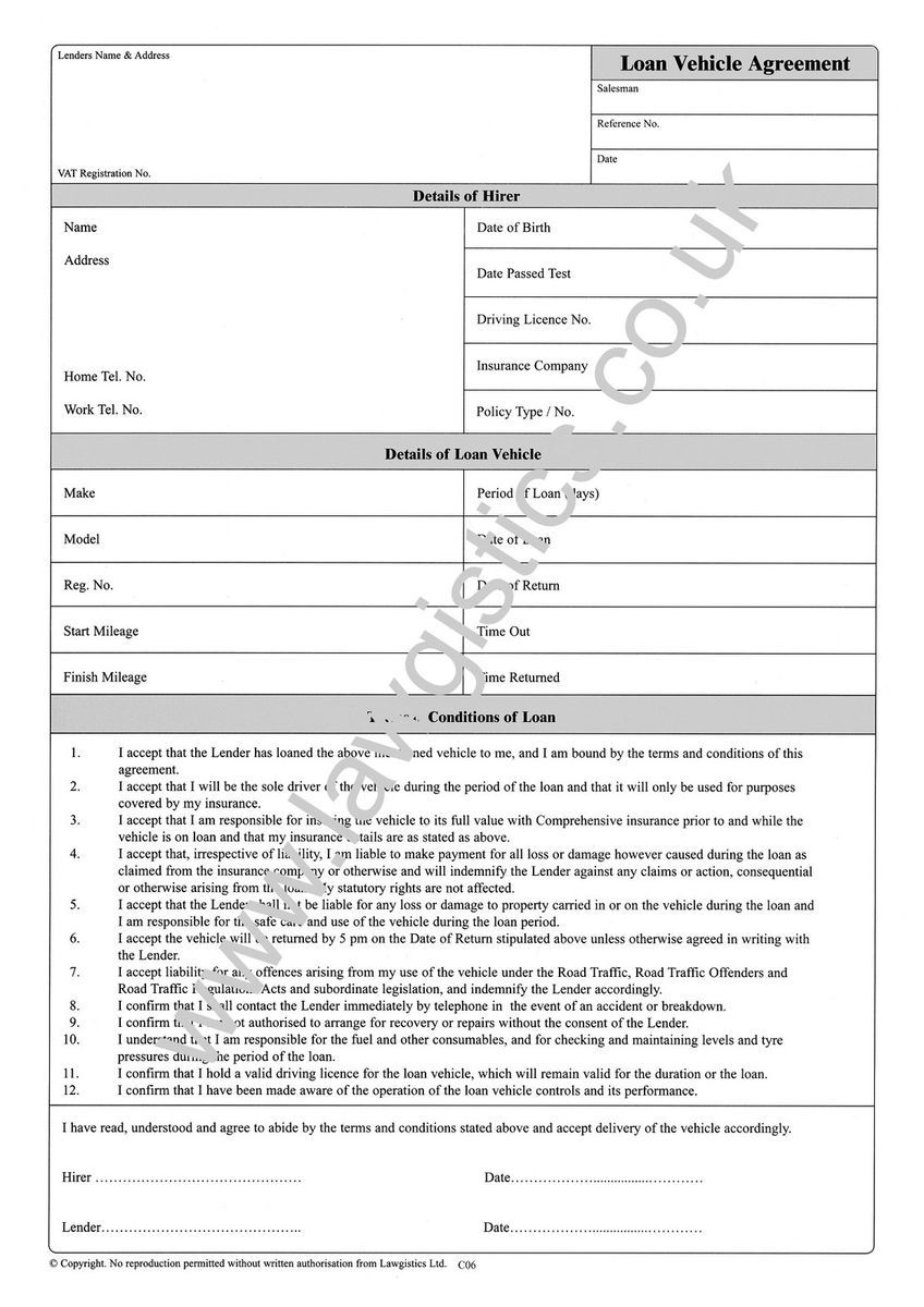 Legally Compliant Courtesy Car Loan Vehicle Agreement Pad