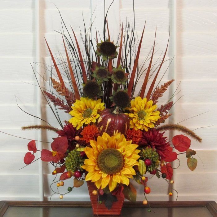 TUSCAN AUTUMN SILK FLOWER ARRANGEMENT FLORAL SAGE SUNFLOWER PUMPKIN