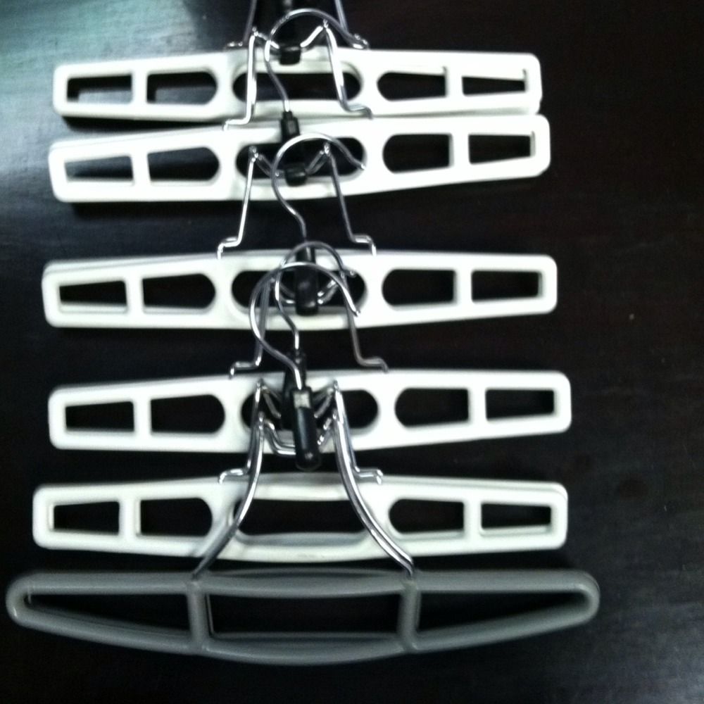 Six White Gray Platic Pant Skirt Hangers with Wire Hooks