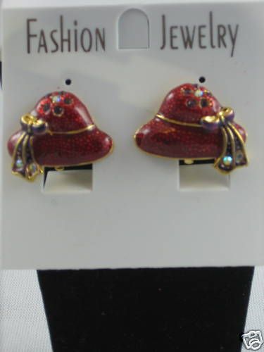 Red Hat Society Purple Crystal Flower Bow Clip Earrings