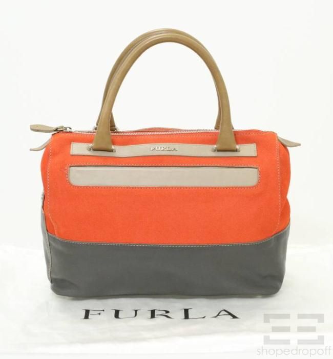 Furla Orange Grey Leather Colorblock Handbag