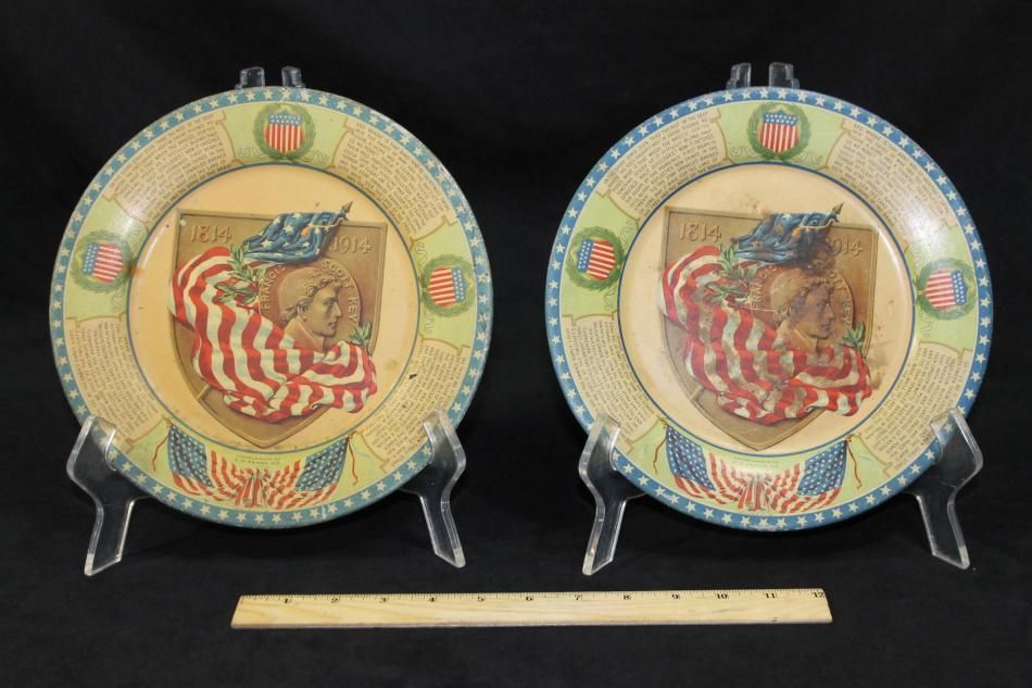 Antique Francis Scott Key Patriotic American Flag Tin Litho Plates C D